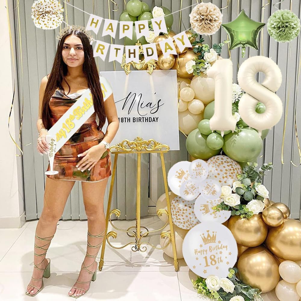 Decoraciones de cumpleaños 18 color verde salvia para niñas, juego de decoraciones de cumpleaños de 18 años verde oliva y dorado, pancarta de feliz