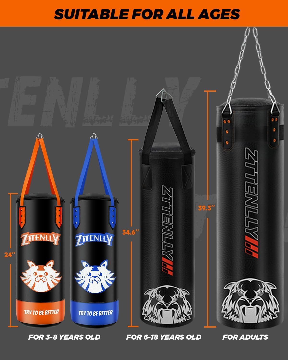 ZTTENLLY Saco de boxeo con guantes, piel sintética y correa de altura ajustable, juego de bolsas de boxeo para niños de más de 12 años, ideal para