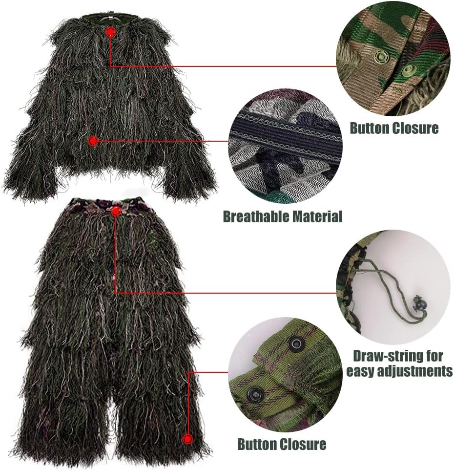 Sibosen Traje Ghillie 5 en 1  Ropa de caza de camuflaje 3D que incluye chaqueta, pantalones, capucha, bolsa de transporte