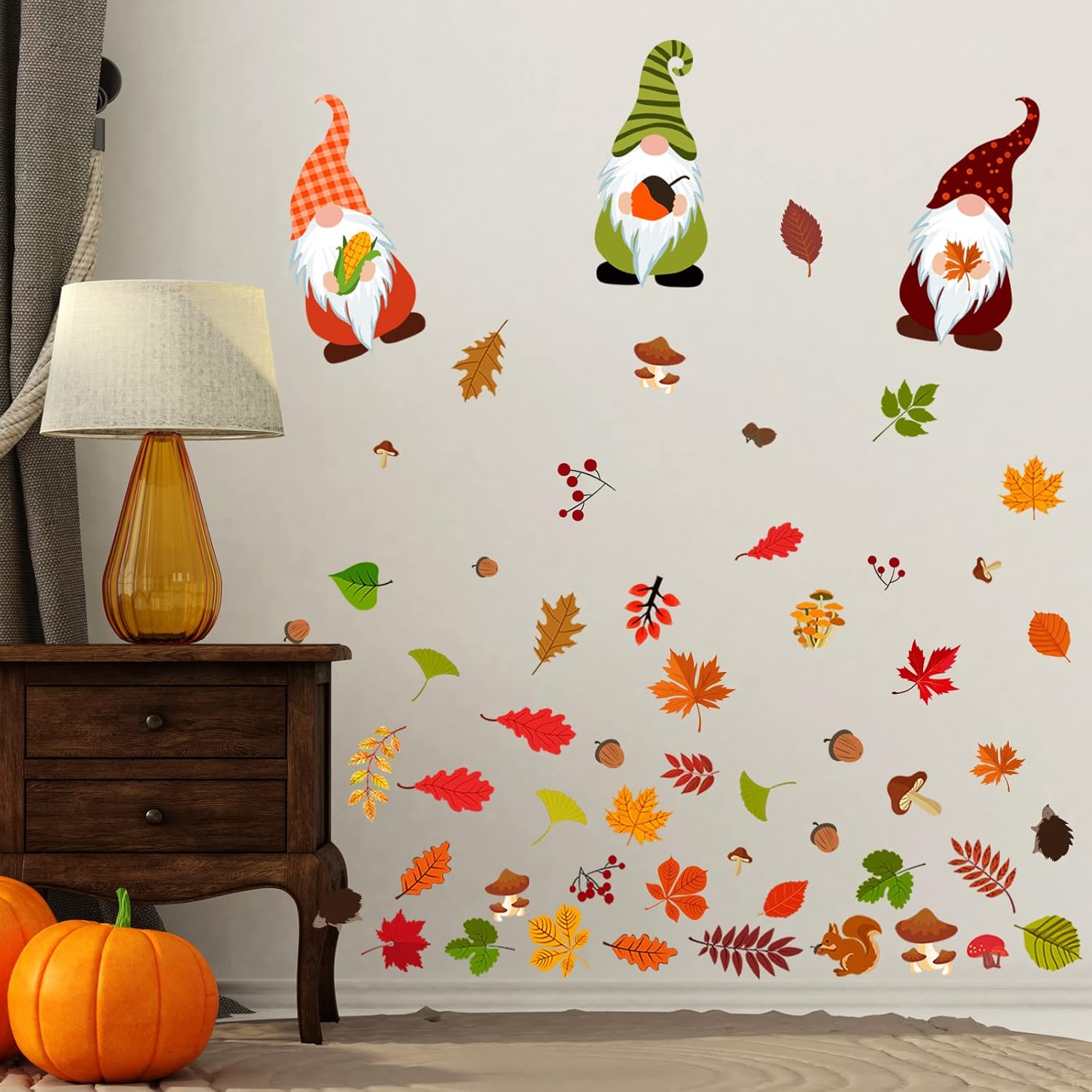 123 calcomanías de pared de gnomos de otoño, calcomanías de pared de Acción de Gracias, hojas de arce de otoño, decoración de pared, calcomanías de