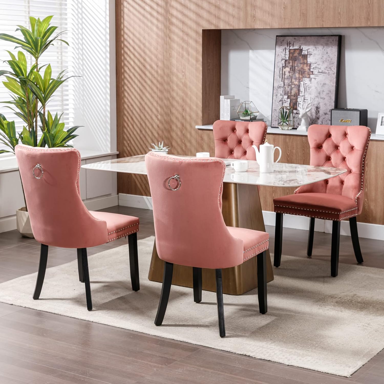 Juego de 2 sillas de comedor tapizadas, sillas de comedor de terciopelo con patas de madera, ribete de cabeza de clavo, sillas decorativas copetudas