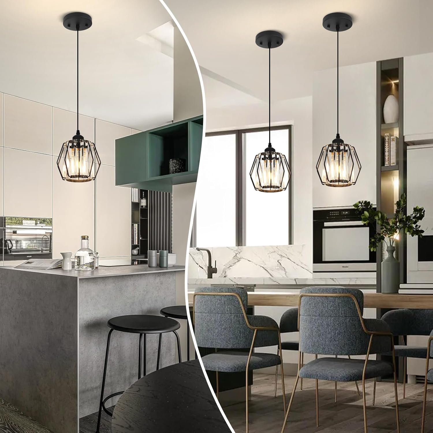 ADISUN Lámpara colgante de cristal para isla de cocina con forma de diamante, luz negra moderna de isla de cocina para bombilla E26, elegante mini