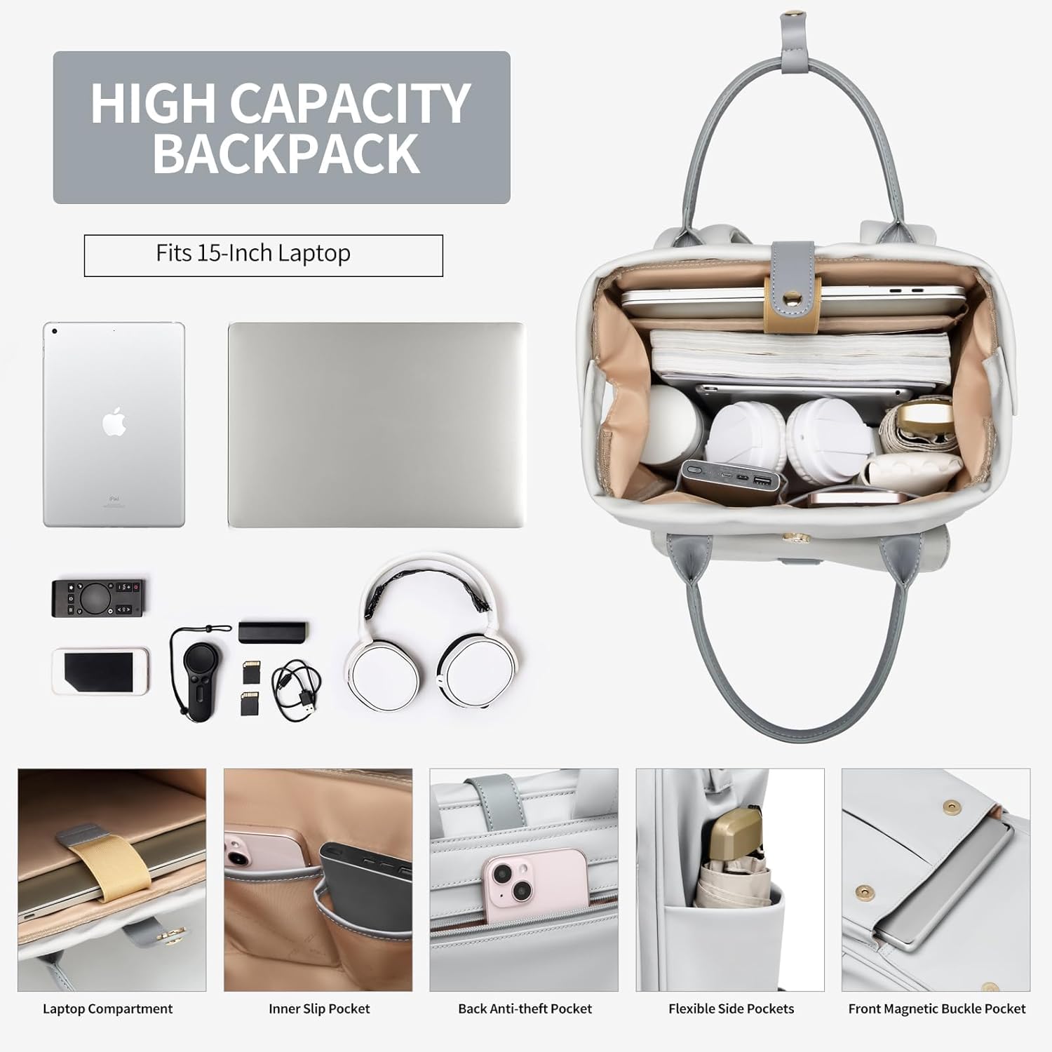 Mochila para laptop para mujer, con asa de mano, abierta, casual, para trabajo, viajes, mochila para libros de 15 pulgadas + mochila de viaje para