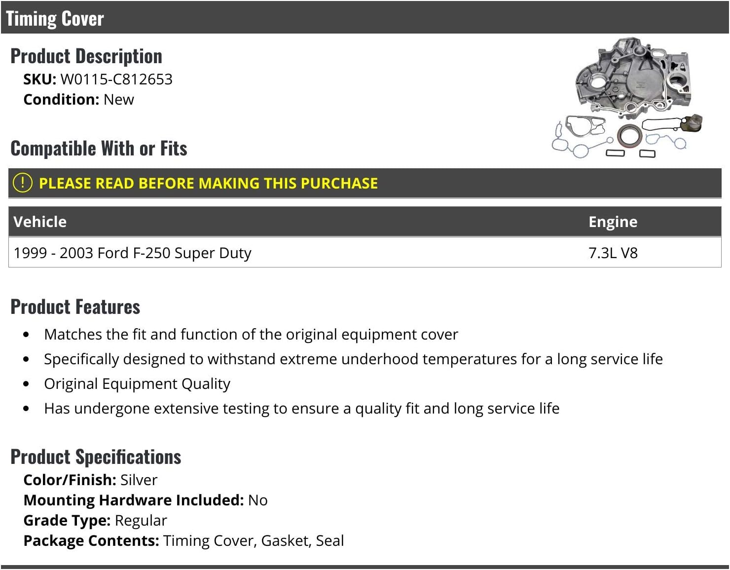 Tapa de sincronización con kit de juntas y sellos, compatible con Ford F-250 Super Duty 7.3L V8 Diesel 1999-2003