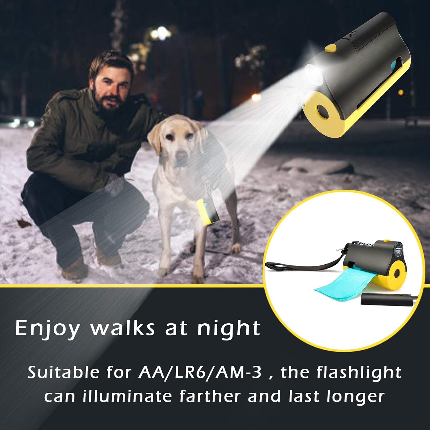 Soporte 3 en 1 para bolsas de excremento de perro con linterna LED integrada para correa y clip de metal para colgar bolsas usadas, dispensador de