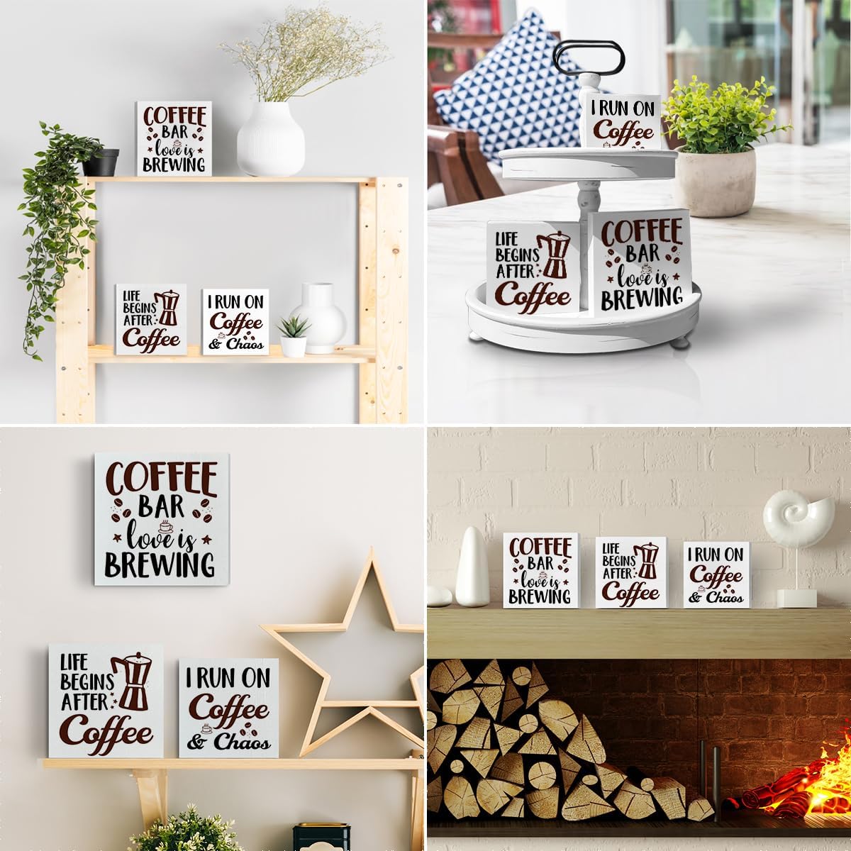 Letreros de caja de madera de café, 3 piezas con tema de café, bandeja escalonada, letreros de madera, decoración de bloque de madera, centro de