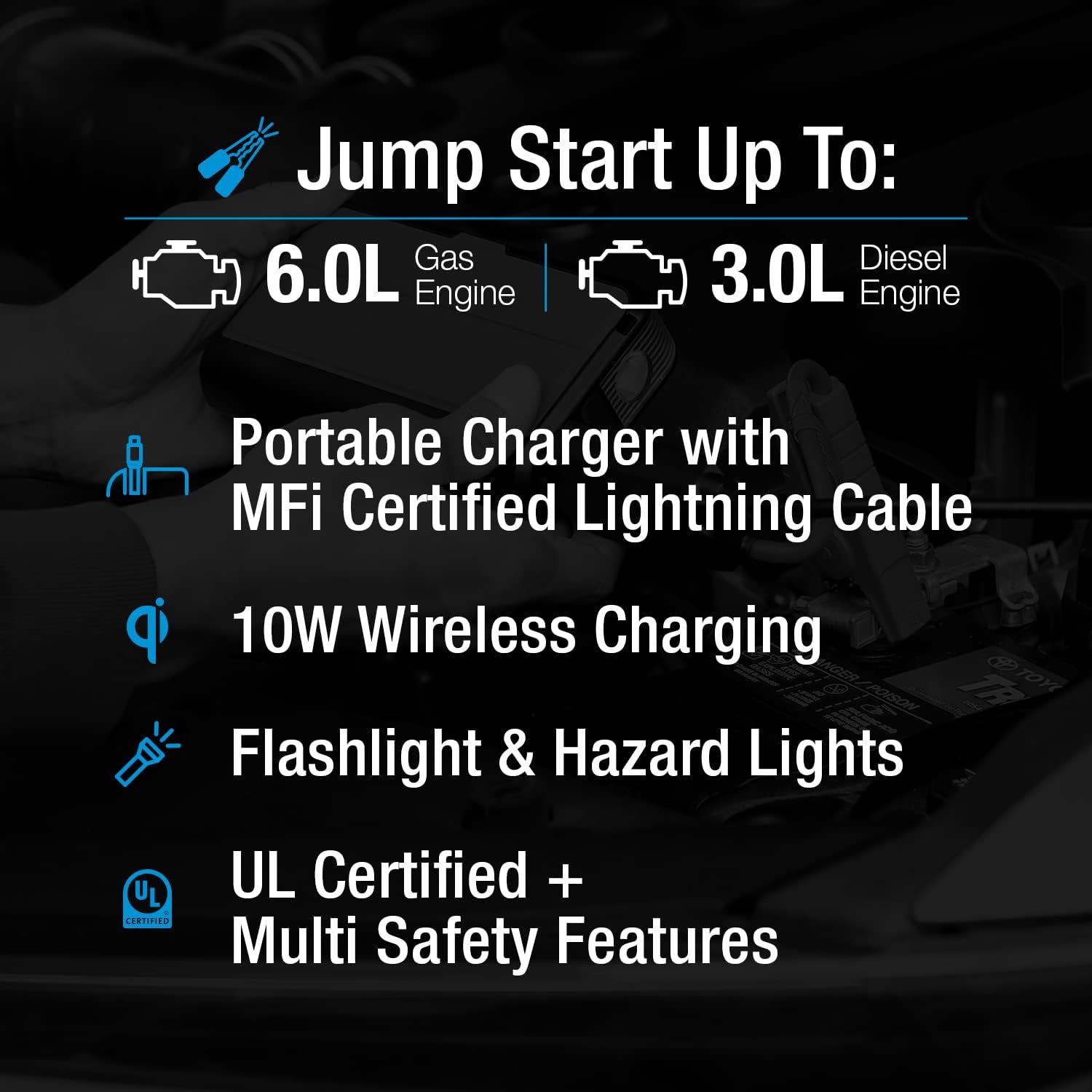 Tipo S 1000A Batería de coche Arrancador 12V 6.0L Gas 3.0L Diesel, 8000mAh Banco de energía portátil Cable Lightning integrado, certificado MFI,