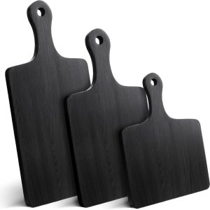 Paquete de 3 tablas de cortar de madera de acacia negra con asa, tablas de servir de pizza de madera, bandeja de charcutería, tabla de cortar para Paquete de 3 tablas de cortar de madera de acacia negra con asa, tablas de servir de pizza de madera, bandeja de charcutería, tabla de cortar para