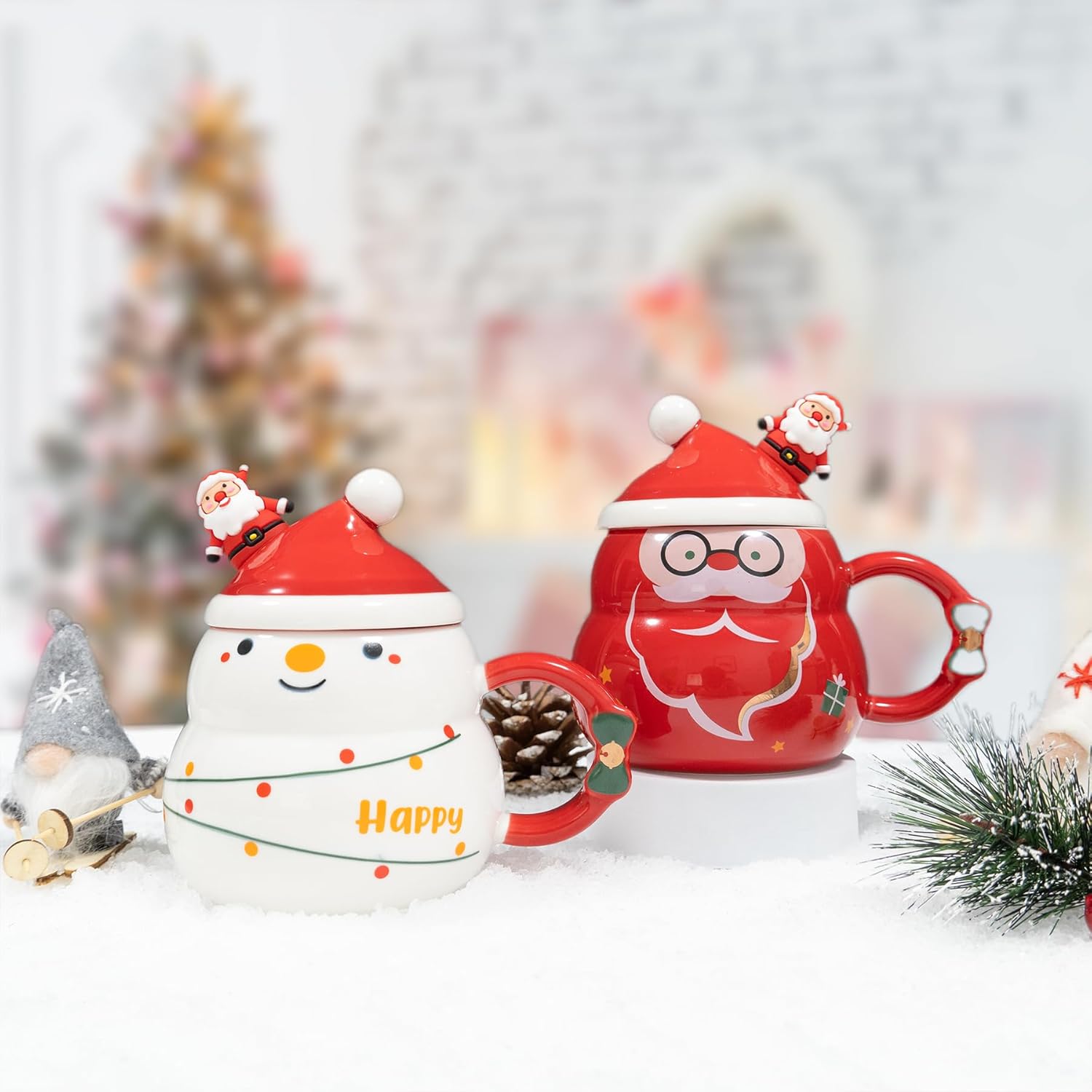 Juego de 2 tazas de café con diseño de árbol de Navidad color rojo, tazas de café de cerámica duraderas con tapa y cuchara de 16 onzas, el mejor