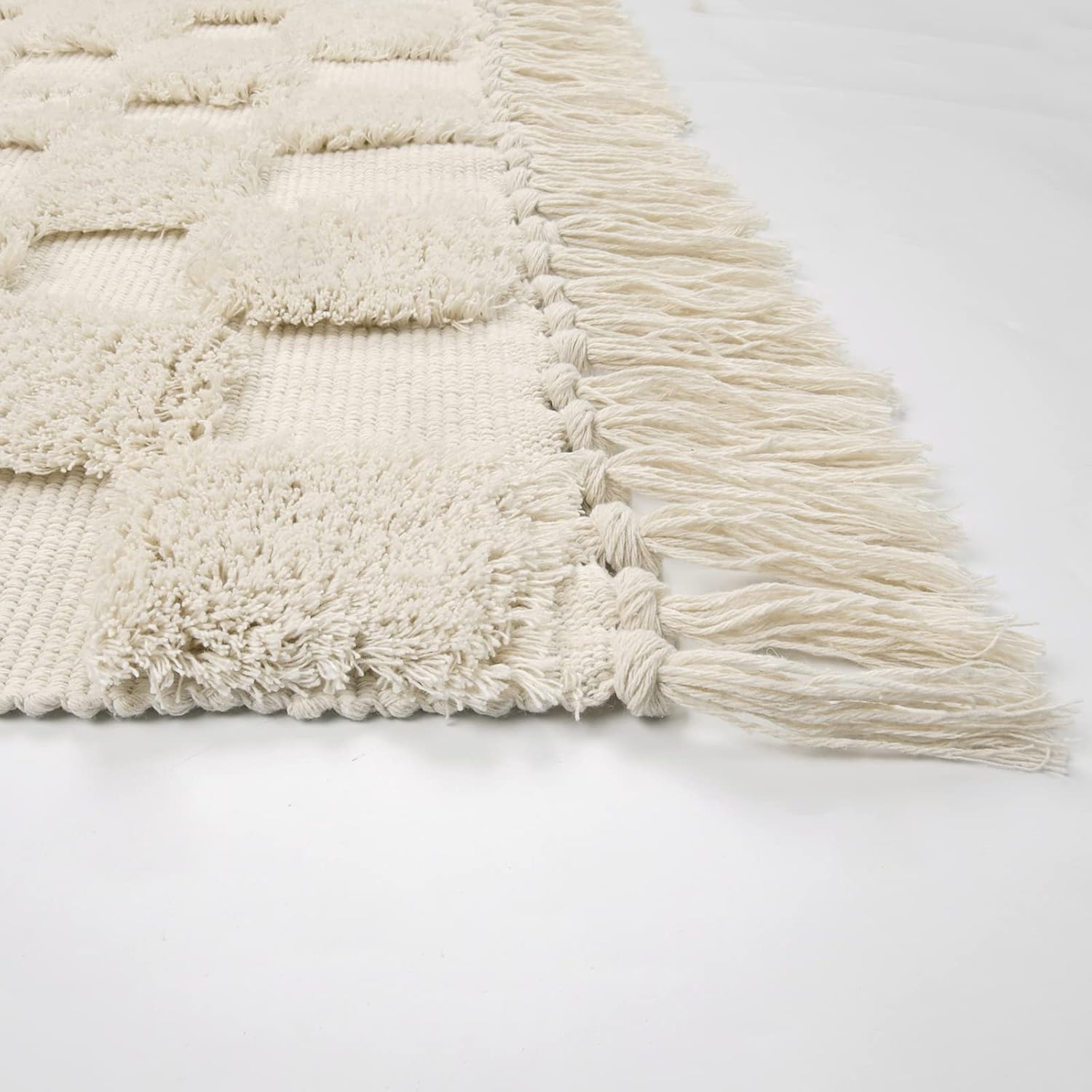 Lanffia Alfombra de pasillo estilo bohemio a cuadros de 2 x 4.3 pulgadas, color beige, lavable con borlas, alfombra de piso para interiores de