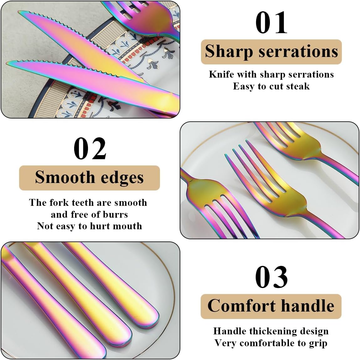 Evanda Rainbow – Juego de 24 cuchillos para carne, acero inoxidable chapado en titanio arcoíris, 12 tenedores y 12 cuchillos de cena, cuchillos para
