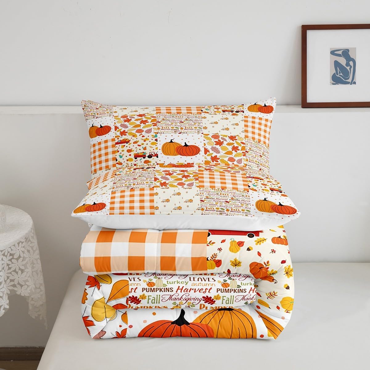 Juego de edredón de calabaza de otoño, tamaño Queen, juego de ropa de cama de Acción de Gracias, 3 piezas de hojas de arce, tractores de granja,