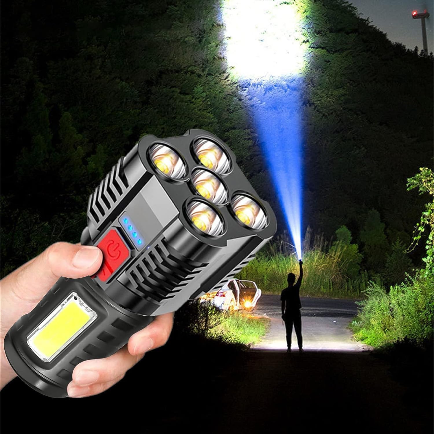 Linterna LED súper brillante recargable para campamento, lámpara de mesa, 4 modos con luz de trabajo COB, IPX6 impermeable, potente luz de flash de