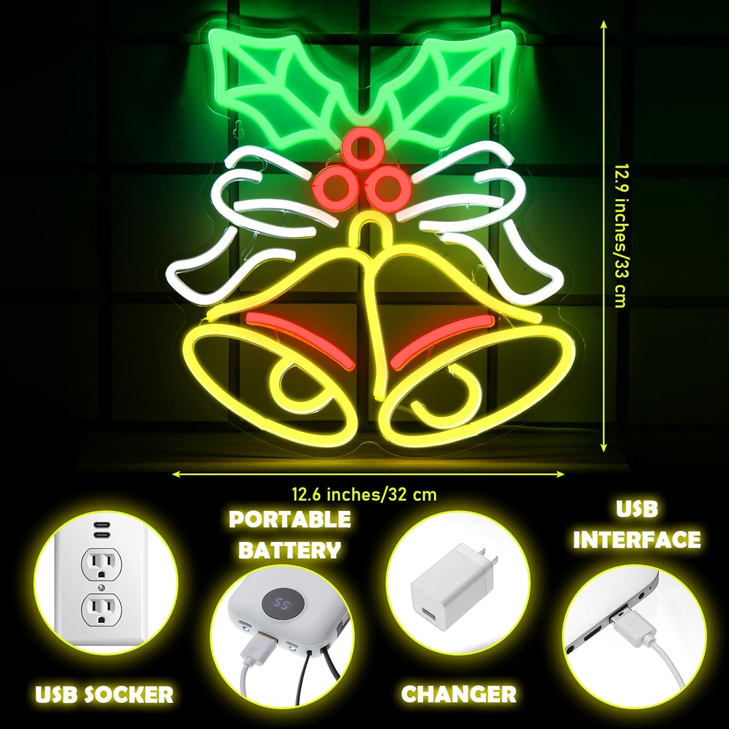Campanas de Navidad, luces de neón, luces LED de Navidad, decoraciones de Navidad, letreros iluminados para Navidad, Año Nuevo, decoración del