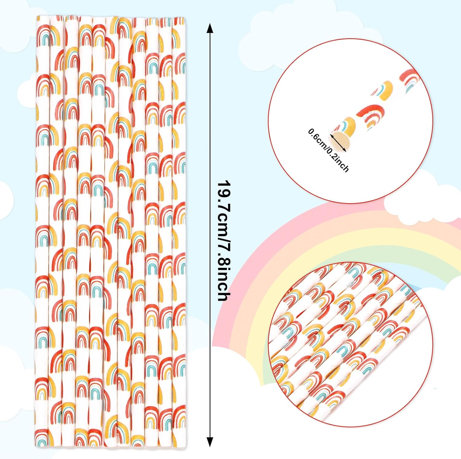 Whaline 200 popotes bohemios de papel de arco iris, pajitas de colores arcoíris para beber, pajitas desechables retro para fiesta de cumpleaños de