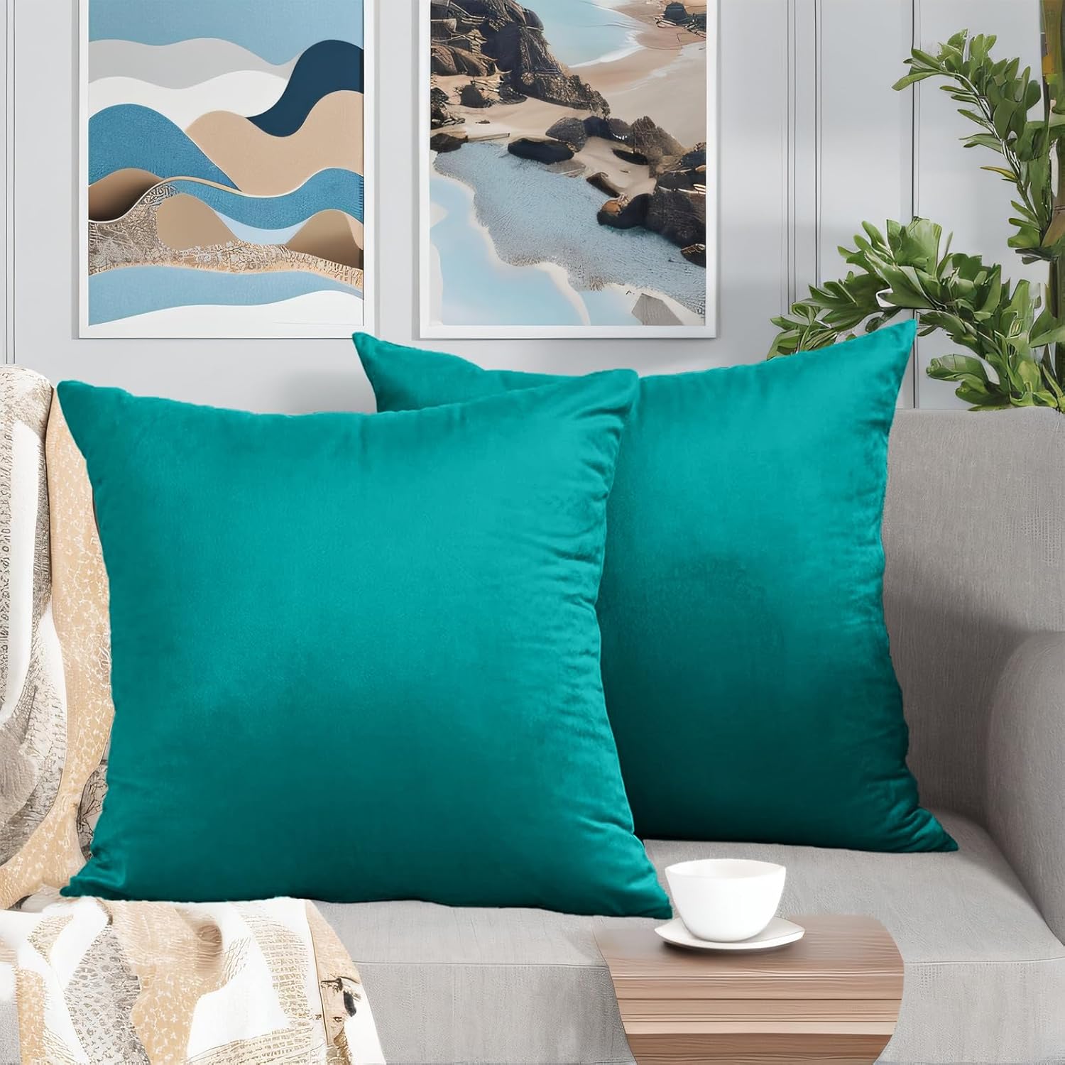 Juego de 2 fundas de almohada de terciopelo de 20 x 20 pulgadas para sofá, fundas de almohada decorativas acogedoras color verde azulado de 20 x 20