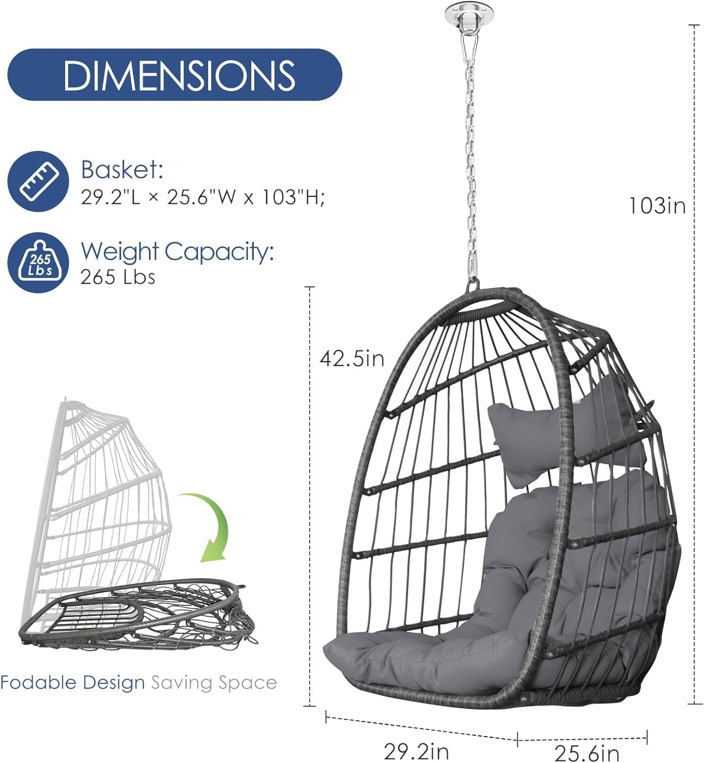 NICESOUL Silla colgante de mimbre para patio interior y exterior, hamaca con cesta de huevos, cojines resistentes a los rayos UV, capacidad de 265