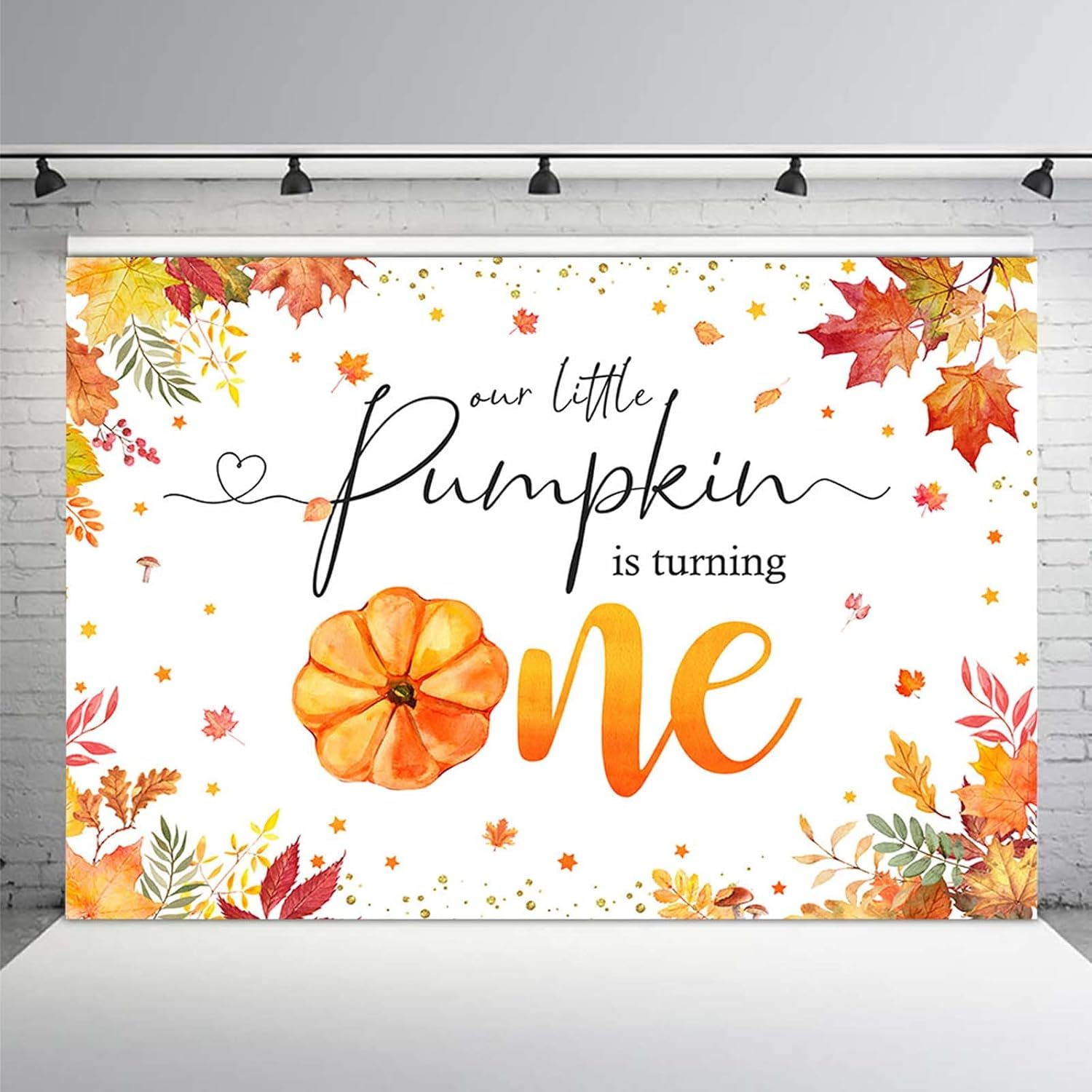 MEHOFOND Decoración de fiesta de primer cumpleaños de calabaza de 7 x 5 pies, telón de fondo con texto en inglés “Little Pumpkin is Turning One”,