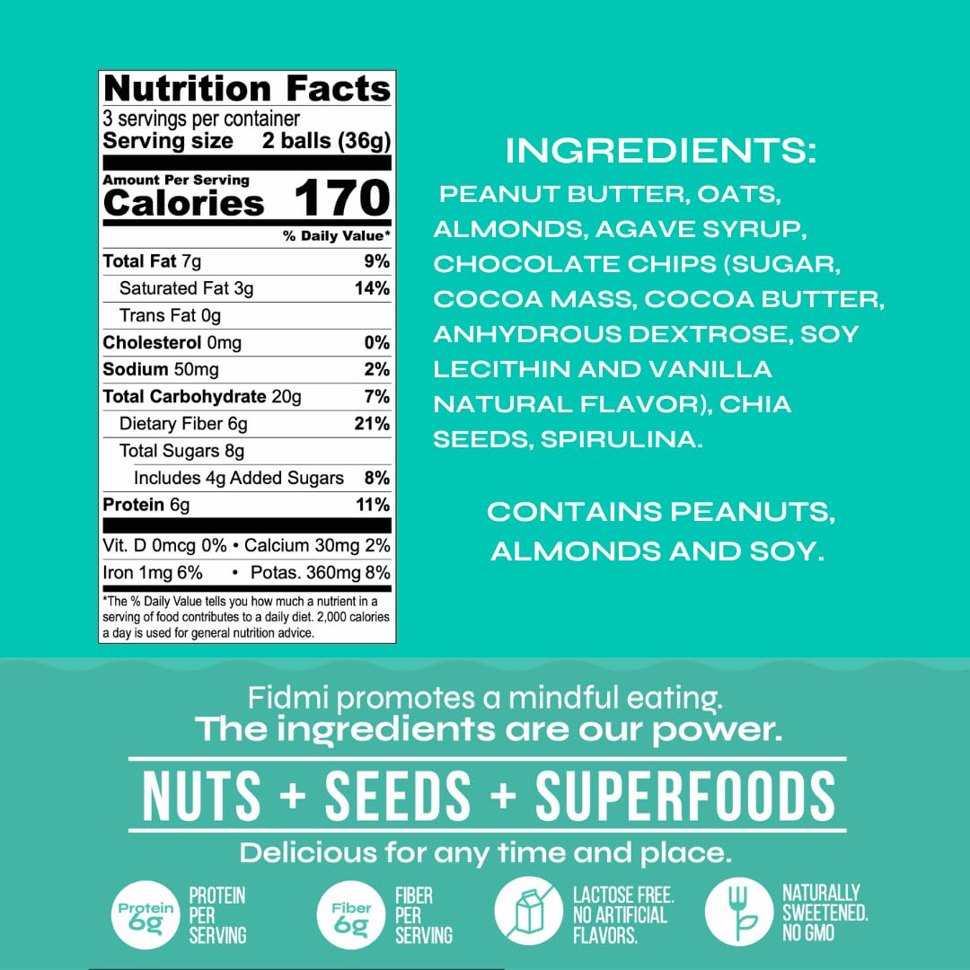 Fidmi Bolas de proteínas  Bola energética para refrigerios  Ingredientes naturales  Apto para dietas cetogénicas (chispas de chocolate y espirulina)