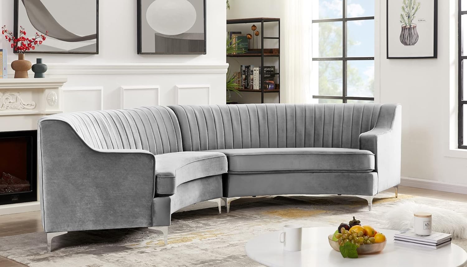 Yoglad Sofá modular curvado tapizado, sofá semicírculo de estilo moderno, sofá copetudo con patas de metal, sofá circular con almohadas Villose para