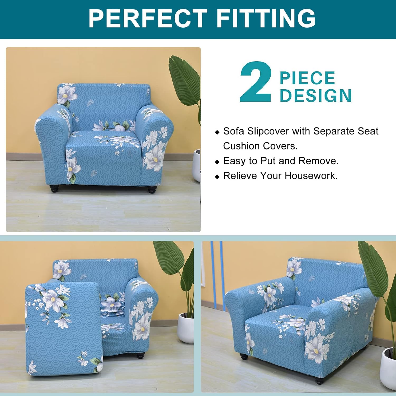 KRFOONN Funda para sillón de 2 piezas, fundas elásticas para sillón, Funda estampada con fundas de cojín de asiento separadas, protector de muebles