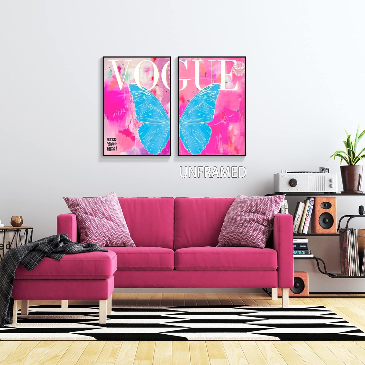 TACRIG 2 piezas de arte de pared en lienzo de mariposa azul de moda preppy – Pósteres de imágenes de moda rosa para dormitorio de niñas – Decoración