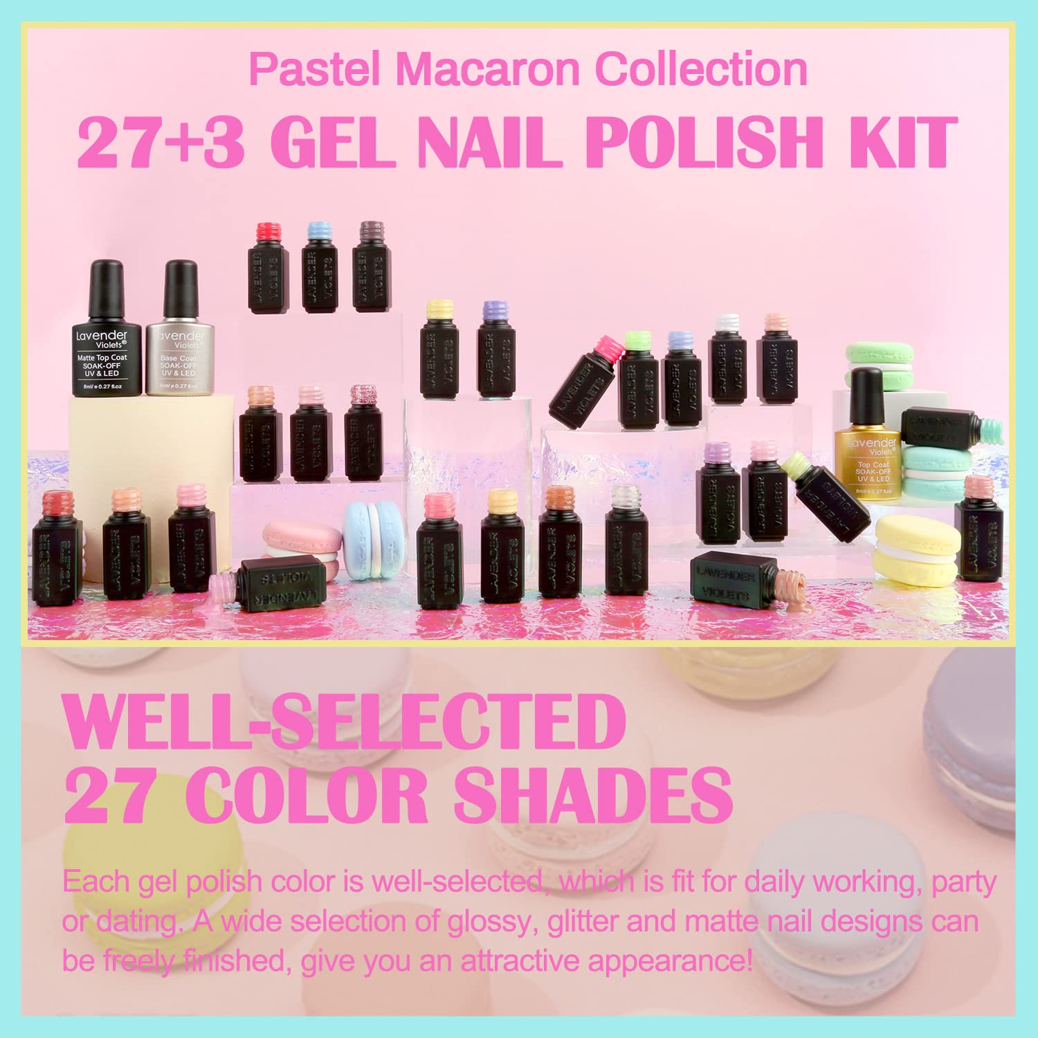 Lavender Violets Kit de esmalte de uñas de gel de 27+3 colores rosa, marrón y blanco, gel de uñas UV LED con base, capa superior mate y brillante