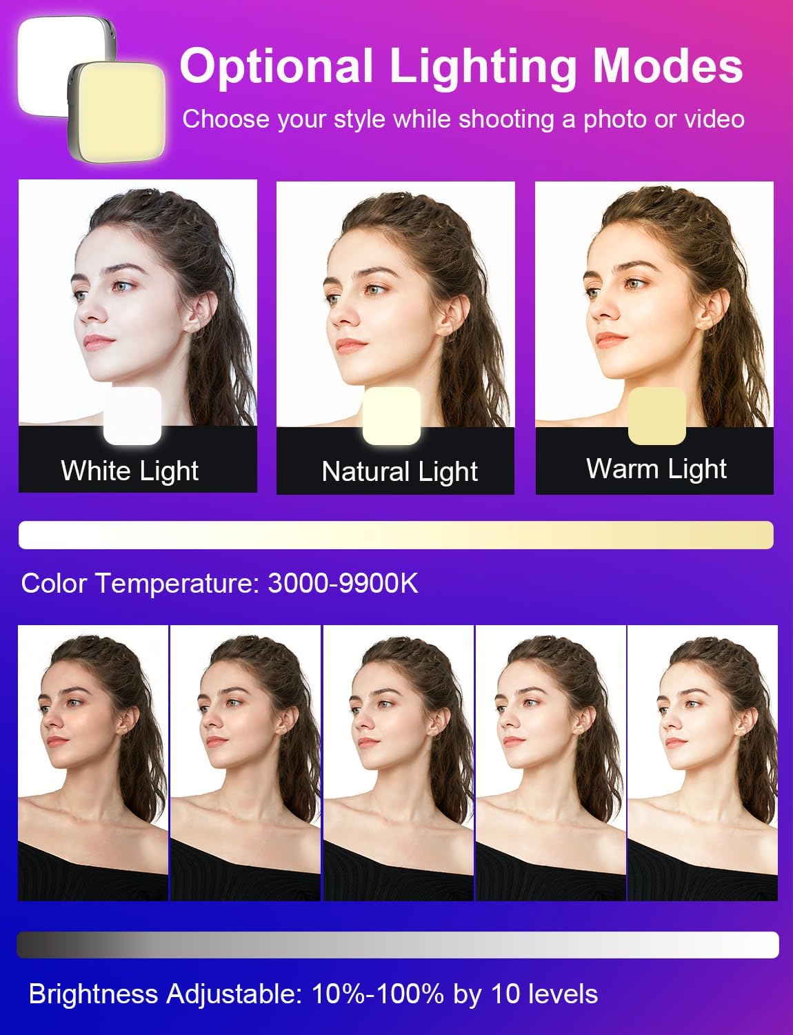 Luz para selfie, luz de teléfono con clip frontal y trasero, luz LED portátil regulable de 3000-9900K, luz de video recargable de 2000 mAh para