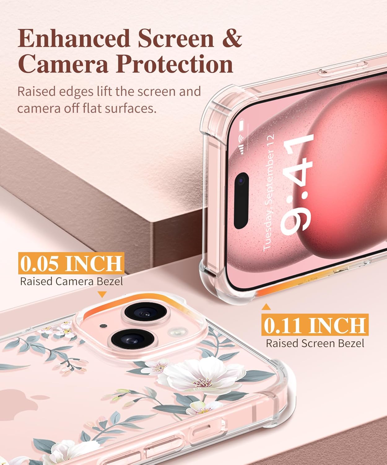 GVIEWIN Funda 3 en 1 diseñada para iPhone 15 Plus de 6.7 pulgadas, con protector de pantalla + protector de cámara con flores transparentes no