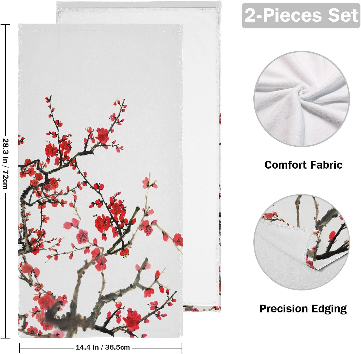 HATESAH Paquete de 2 toallas de mano con diseño de flor de cerezo rojo, toallas de baño absorbentes de microfibra asiática japonesa con tinta de