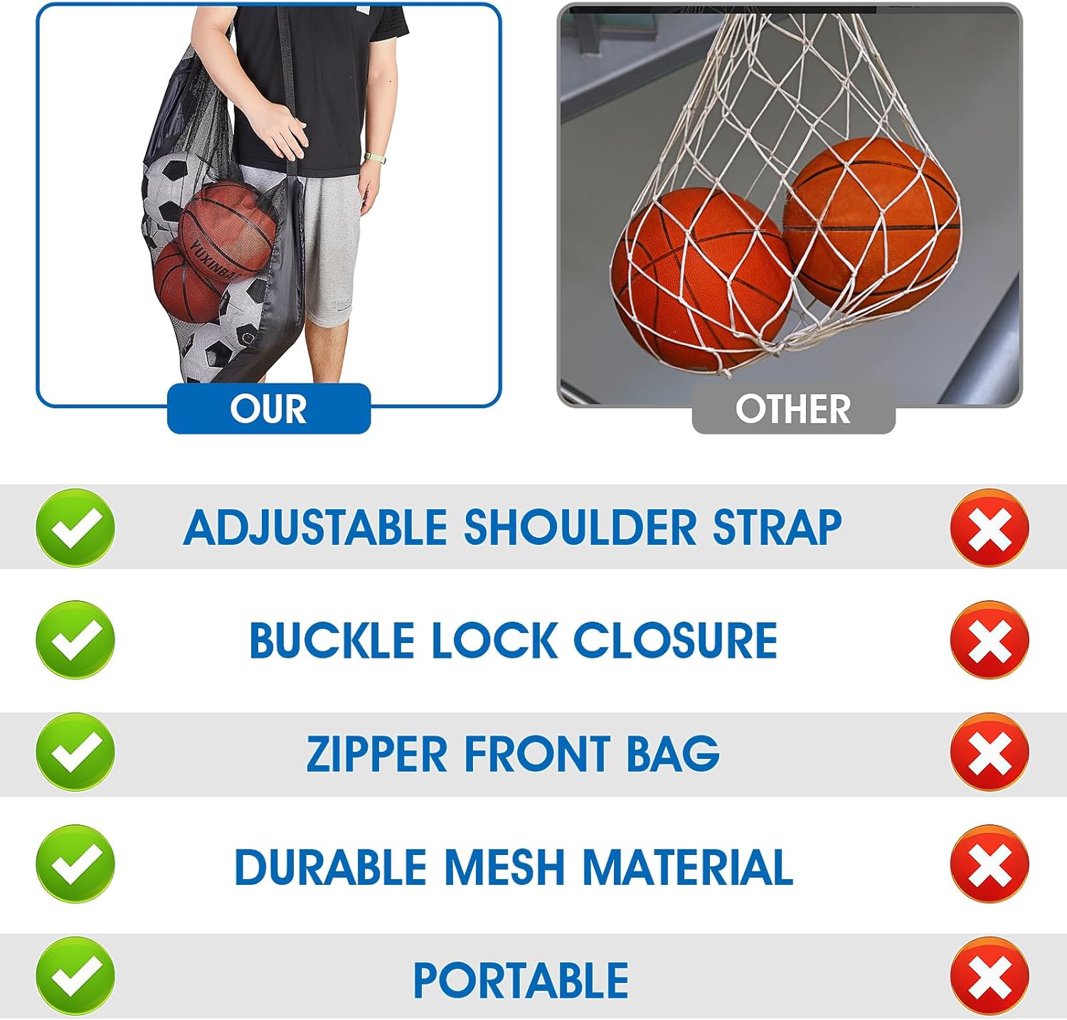 Abeillo Bolsa de pelota de fútbol extra grande para pelota deportiva, bolsa de malla duradera con correa para el hombro, bolsa de almacenamiento de