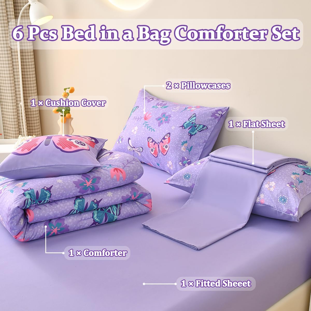Tasselily Juego de ropa de cama de mariposa matrimonial, juego de edredón de mariposa púrpura para niñas, niños y adolescentes, 6 piezas de cama en