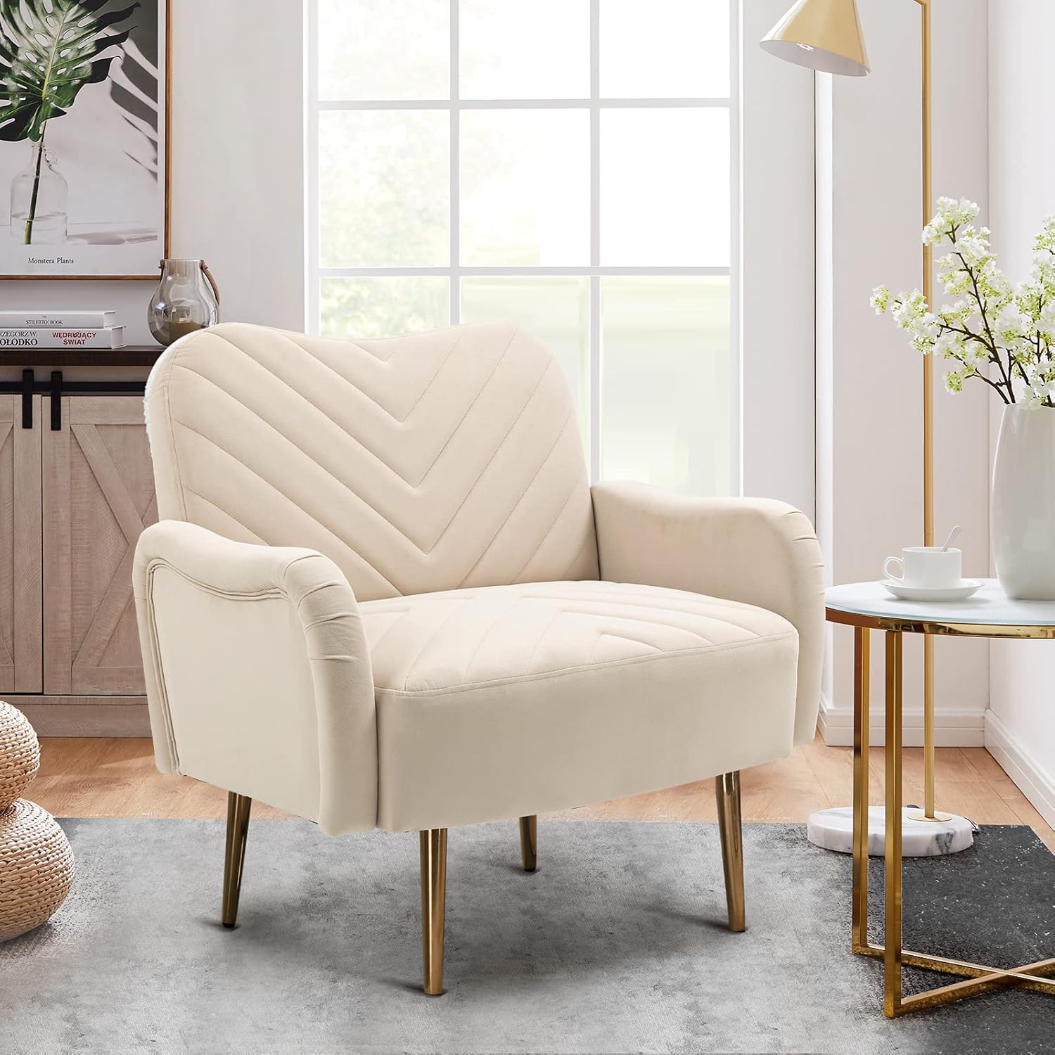 Antetek Silla decorativa moderna de terciopelo, sillón tapizado para sofá individual con patas de metal dorado rosa, sillón lateral copetudo para
