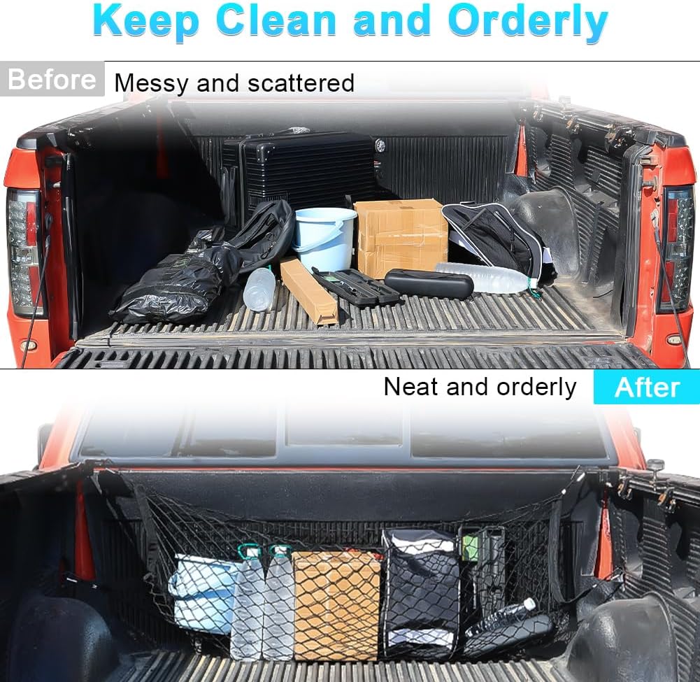 Red de carga para cama de camioneta, red elástica de malla estilo sobre para organizadores de maletero y almacenamiento con 10 ganchos compatible