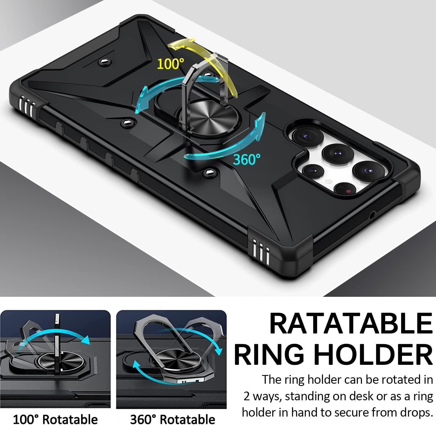 Miimall Funda compatible con Samsung Galaxy S23 Ultra, funda S23 Ultra con soporte de anillo y soporte giratorio y funda antideslizante a prueba de