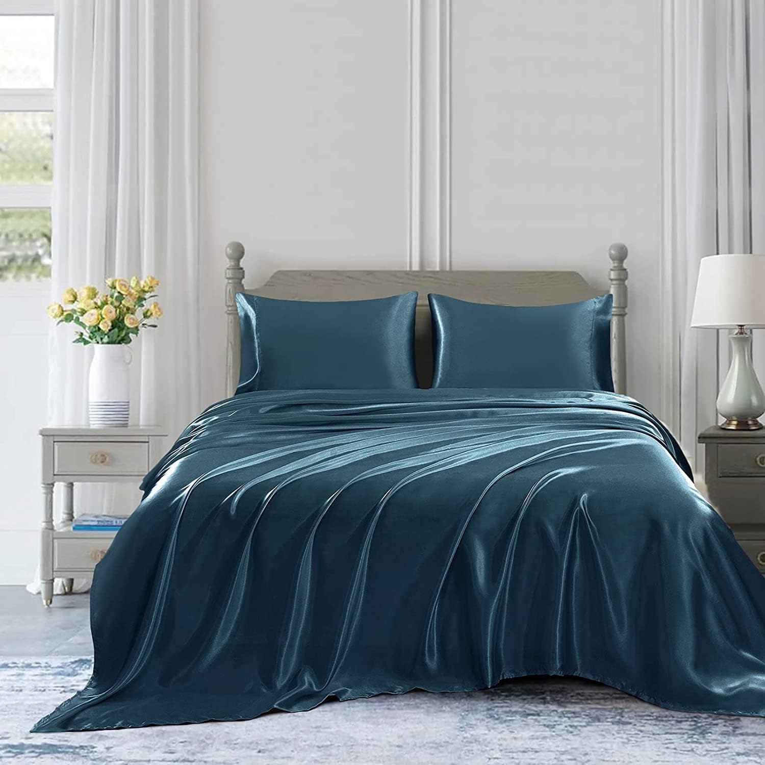Homiest Sábana encimera de satén azul marino profundo, sábana encimera de tamaño matrimonial, sábana encimera sedosa para colchón matrimonial,
