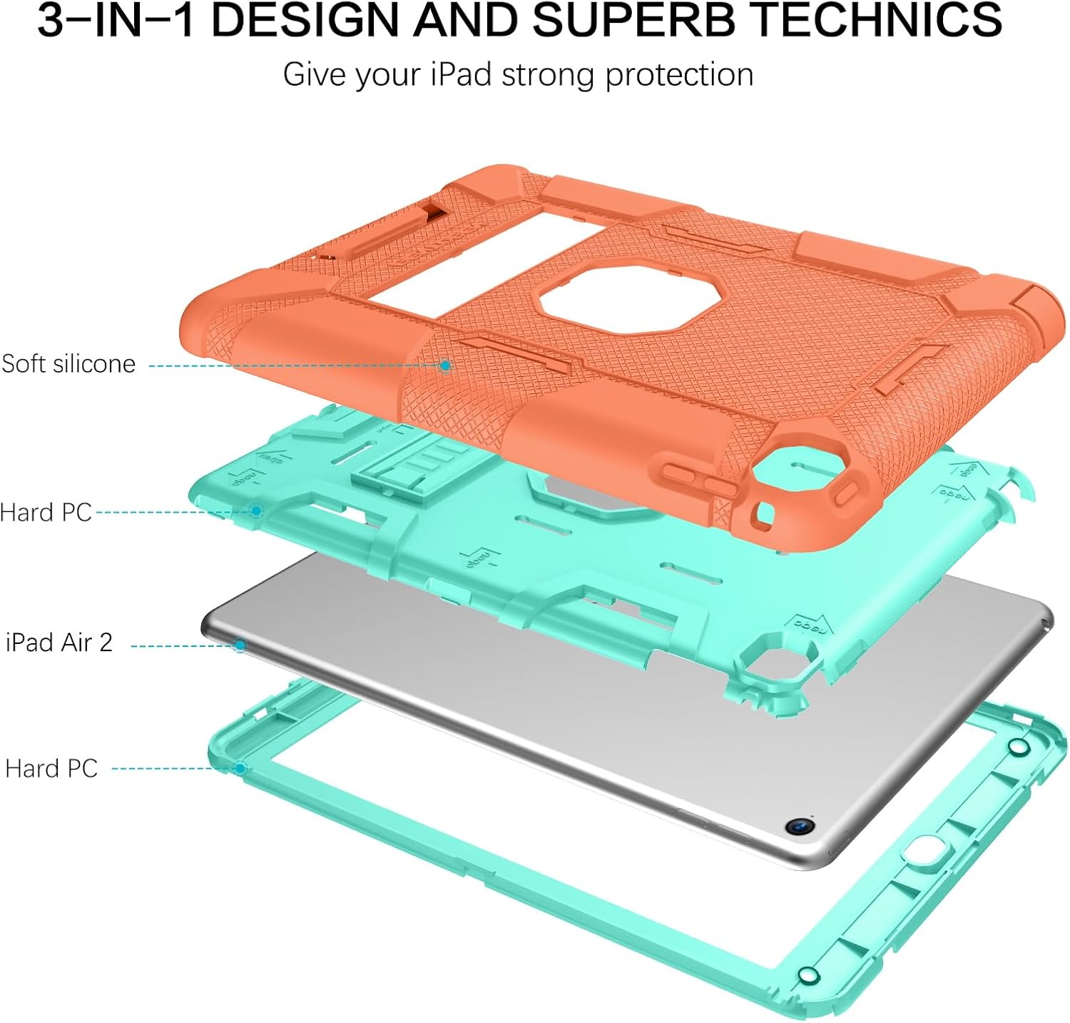 BENTOBEN Funda para iPad Air 2, híbrida a prueba de golpes con soporte, silicona protectora y material de policarbonato duro, naranjaverde