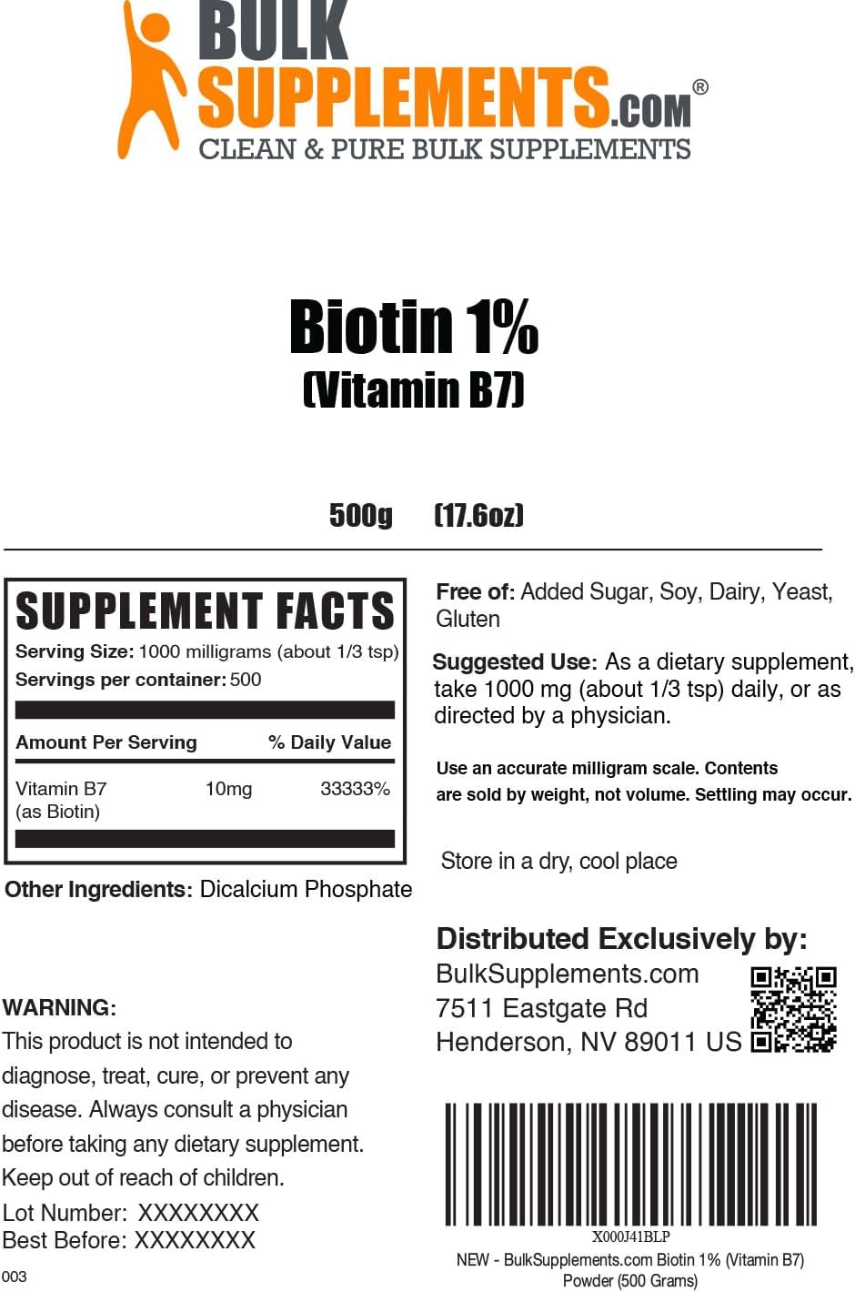 BulkSupplements.com Biotin 10000mcg Polvo – Polvo de biotina, suplemento de biotina, vitaminas de biotina para el cabello, la piel y las uñas, sin