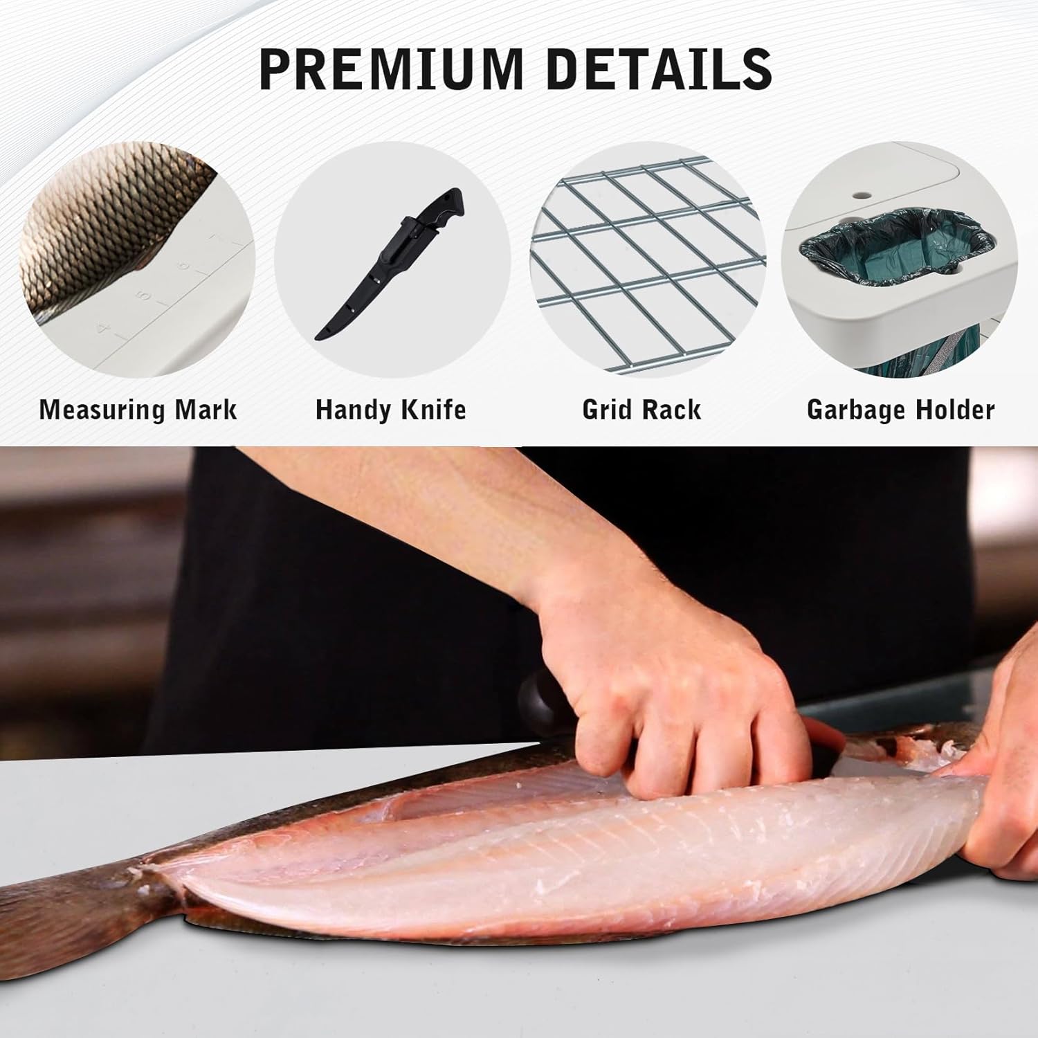 Hupmad Mesa plegable de limpieza de peces de 37 pulgadas con lavabos dobles y grifo, estación de filete portátil al aire libre con marco de rejilla,