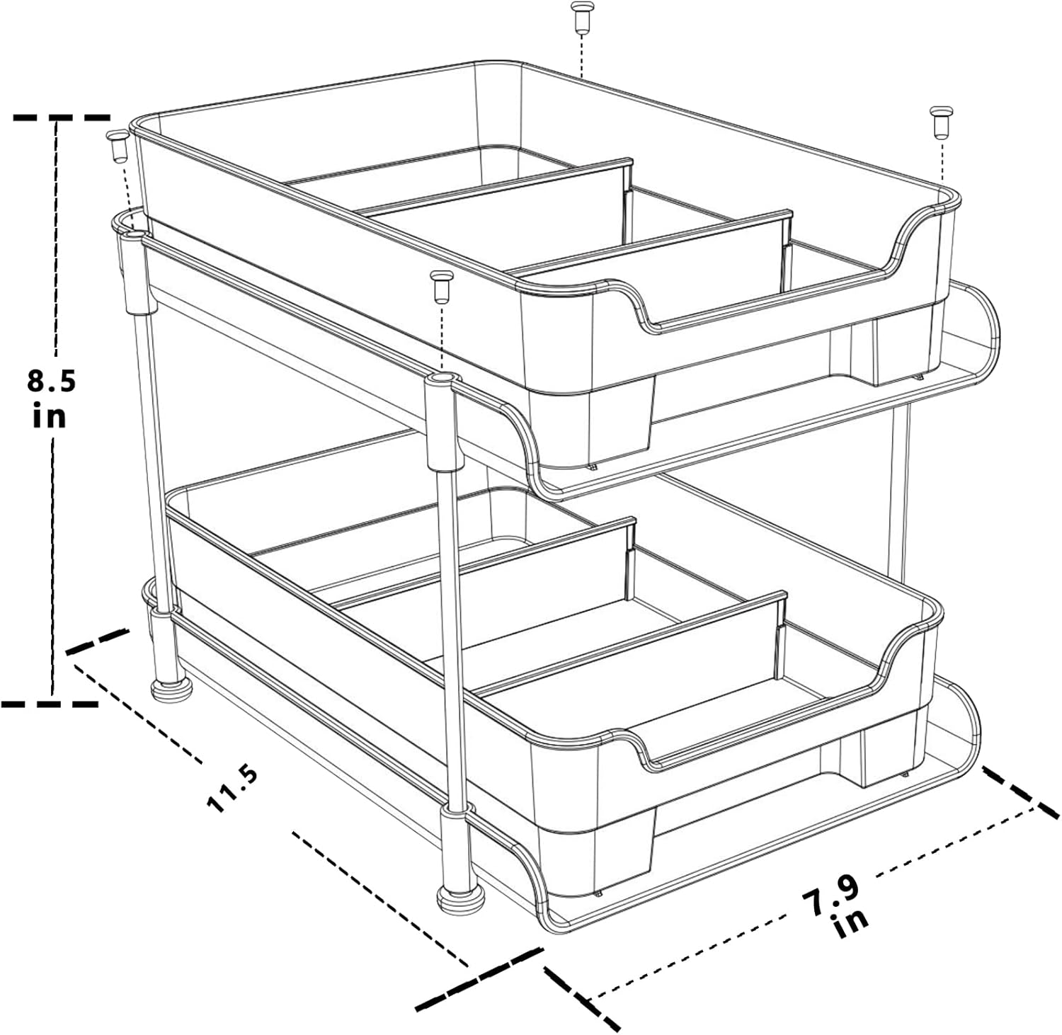 Lovelyduo Organizador transparente de 2 niveles, paquete de 2 unidades, contenedor de almacenamiento deslizante multiuso, cocina, despensa,