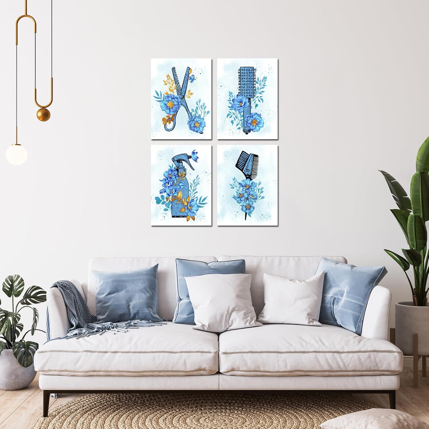 sechars Peluquería decoración de pared herramientas de peluquería pintura pintura lienzo impresiones azul moda arte de pared para sala de maquillaje