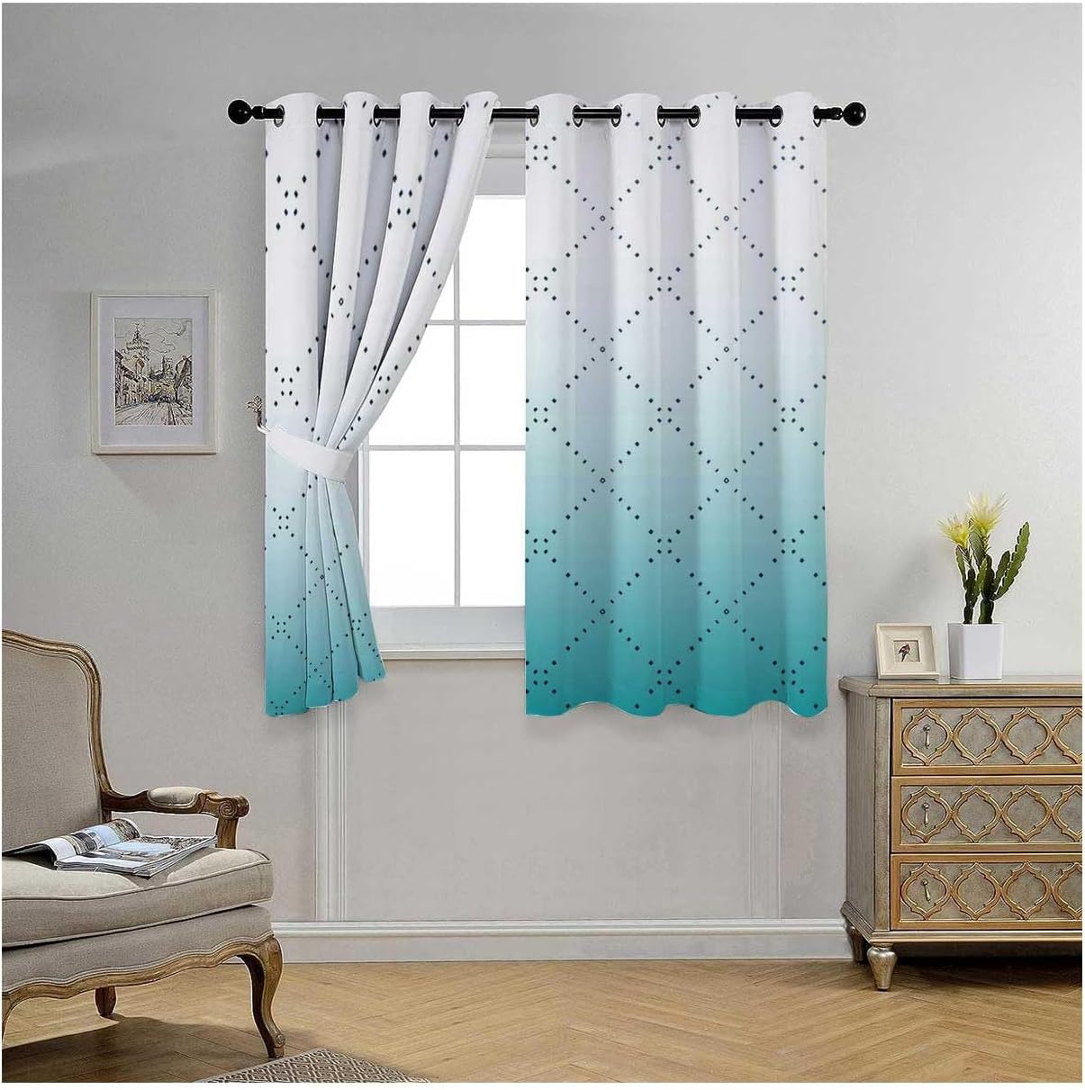 YANFENQI Cortinas para Habitacion White Cyan Gradient Geometric Checked Sliding Room Dividers Blackout Fabric 63Inch Width by 80Inch Length,2 Panels