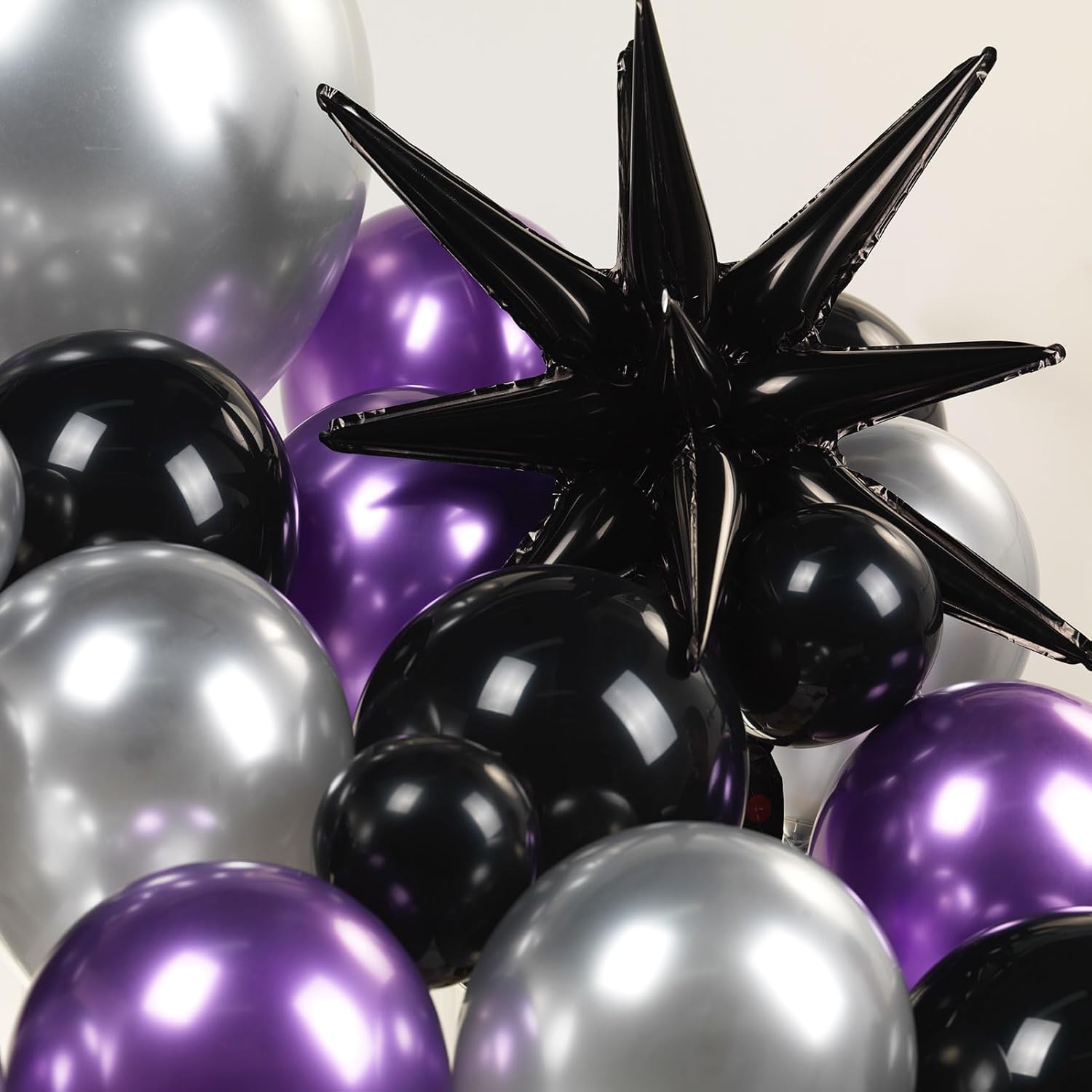 Kit de guirnalda de globos cromados, morados, negros y plateados, 126 piezas con globos de estrella grandes para mujer, aniversario de cumpleaños
