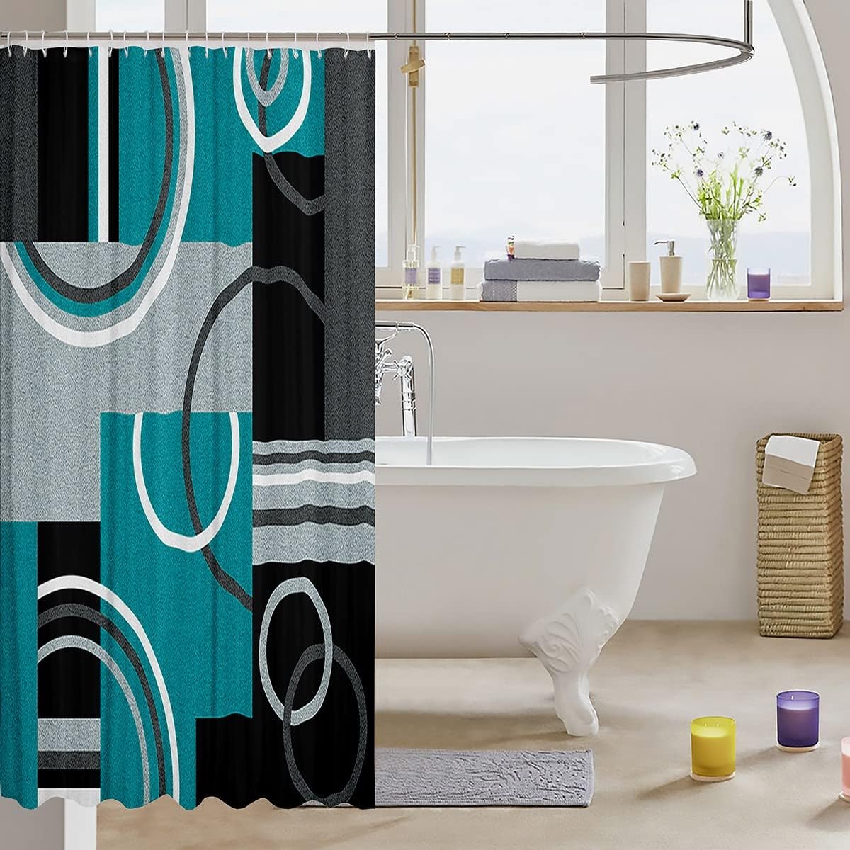 Cortina de ducha moderna turquesa de 72 pulgadas de ancho x 72 pulgadas de largo, cortinas de baño con círculos geométricos para niños, niñas,