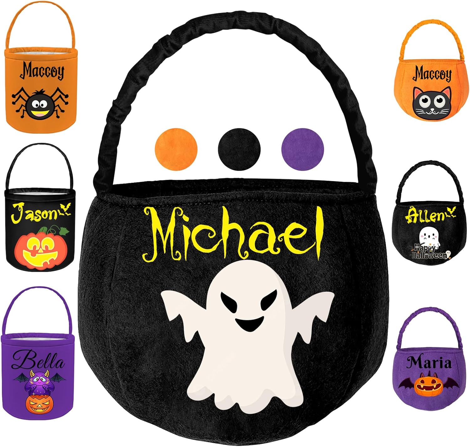 Bolsa de Halloween personalizada con nombre, 12 patrones impresos, bolsa de dulce o truco para niños, bolsa de fiesta de dulces personalizada para