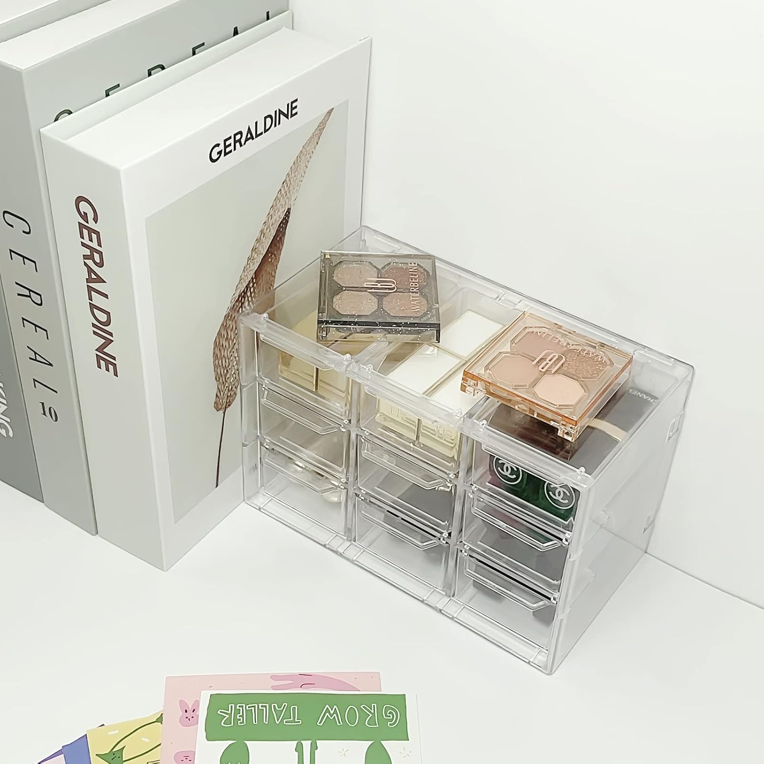 Organizador de escritorio transparente con cajones, mini suministros de oficina y estuche de almacenamiento de joyas, 9 cajones