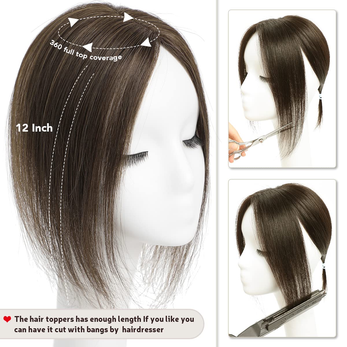 Toppers de cabello para mujer, cabello humano real, sin flequillo, extensiones de cabello para adelgazar, base de encaje mejorada, toppers de