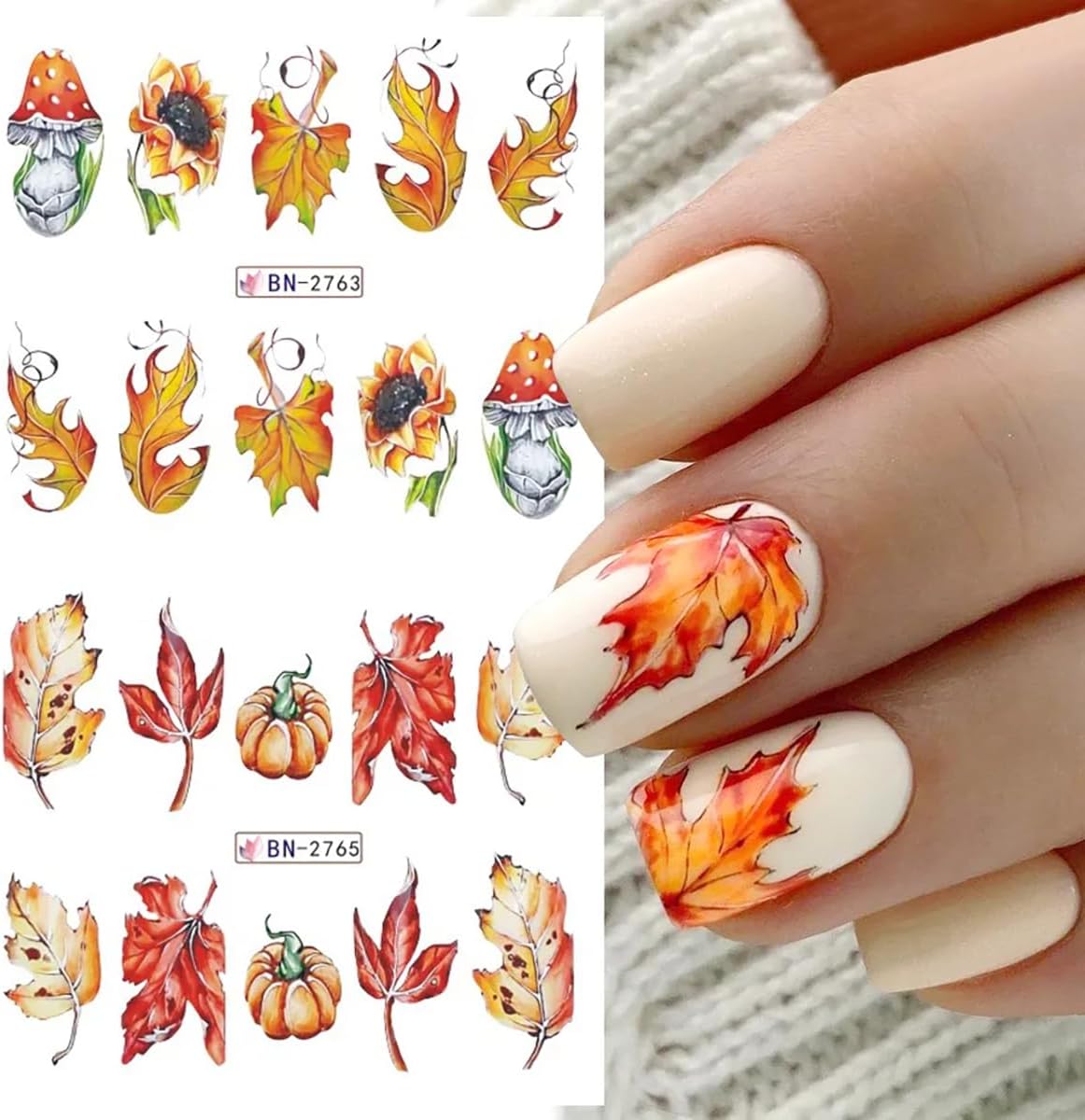 12 hojas de calcomanías de arte de uñas de otoño, hojas de arce, hojas de transferencia de agua, hojas de otoño, calabaza, piña, diseño de uñas,