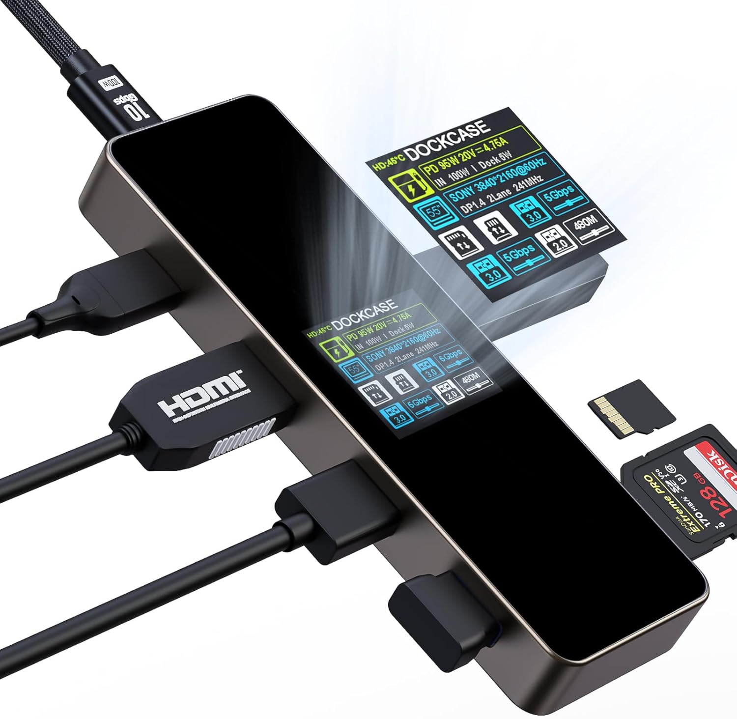 DockCase Hub USB C inteligente visual (7 en 1) con puerto HDMI 4K a 60Hz, entrega de energía PD de 100 W, 3 puertos de datos USB-A de 5 Gbps, lector