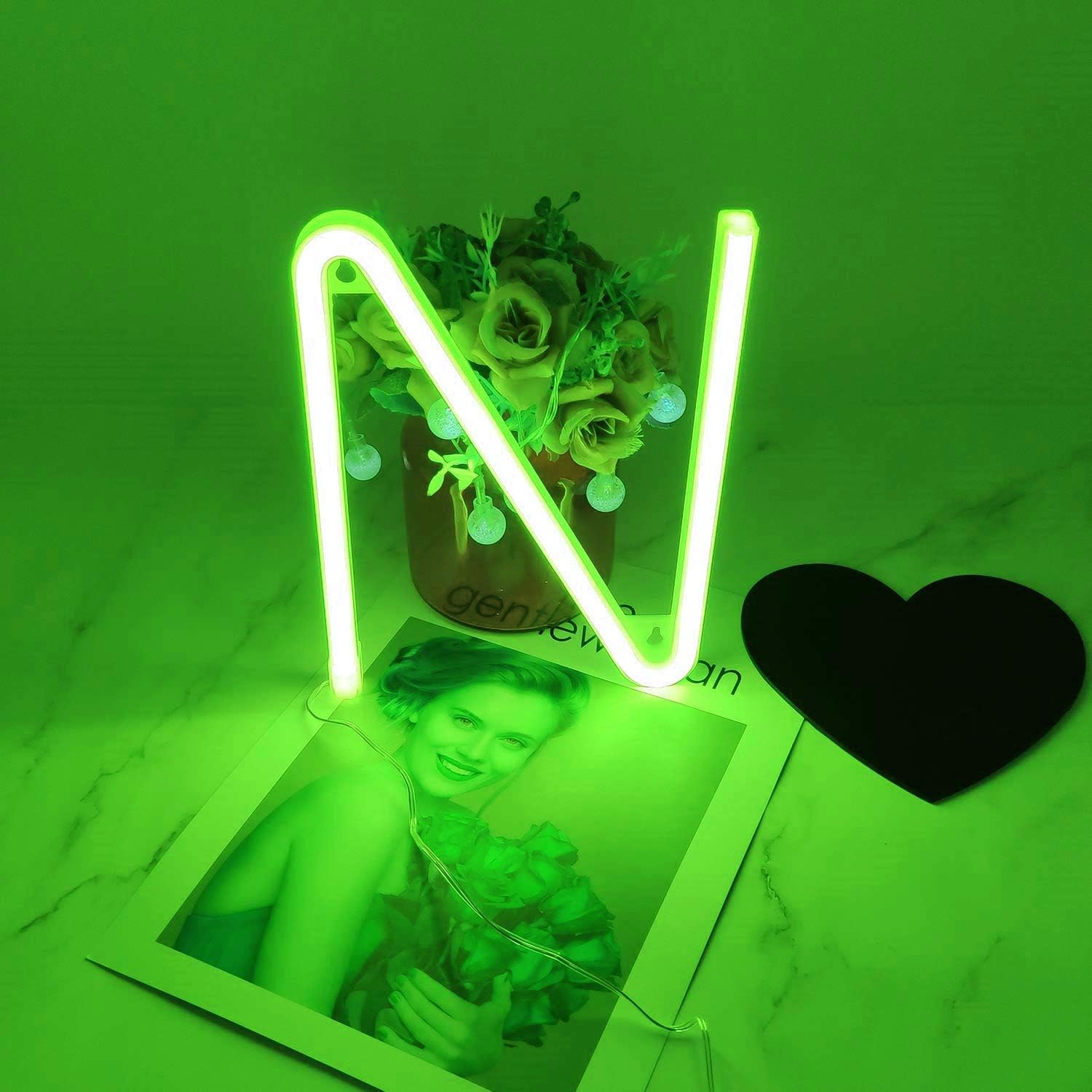 Letrero de neón, letras de neón, letras del alfabeto de neón iluminadas, letras con luces LED, letras de marquesina iluminadas, batería, USB, verde